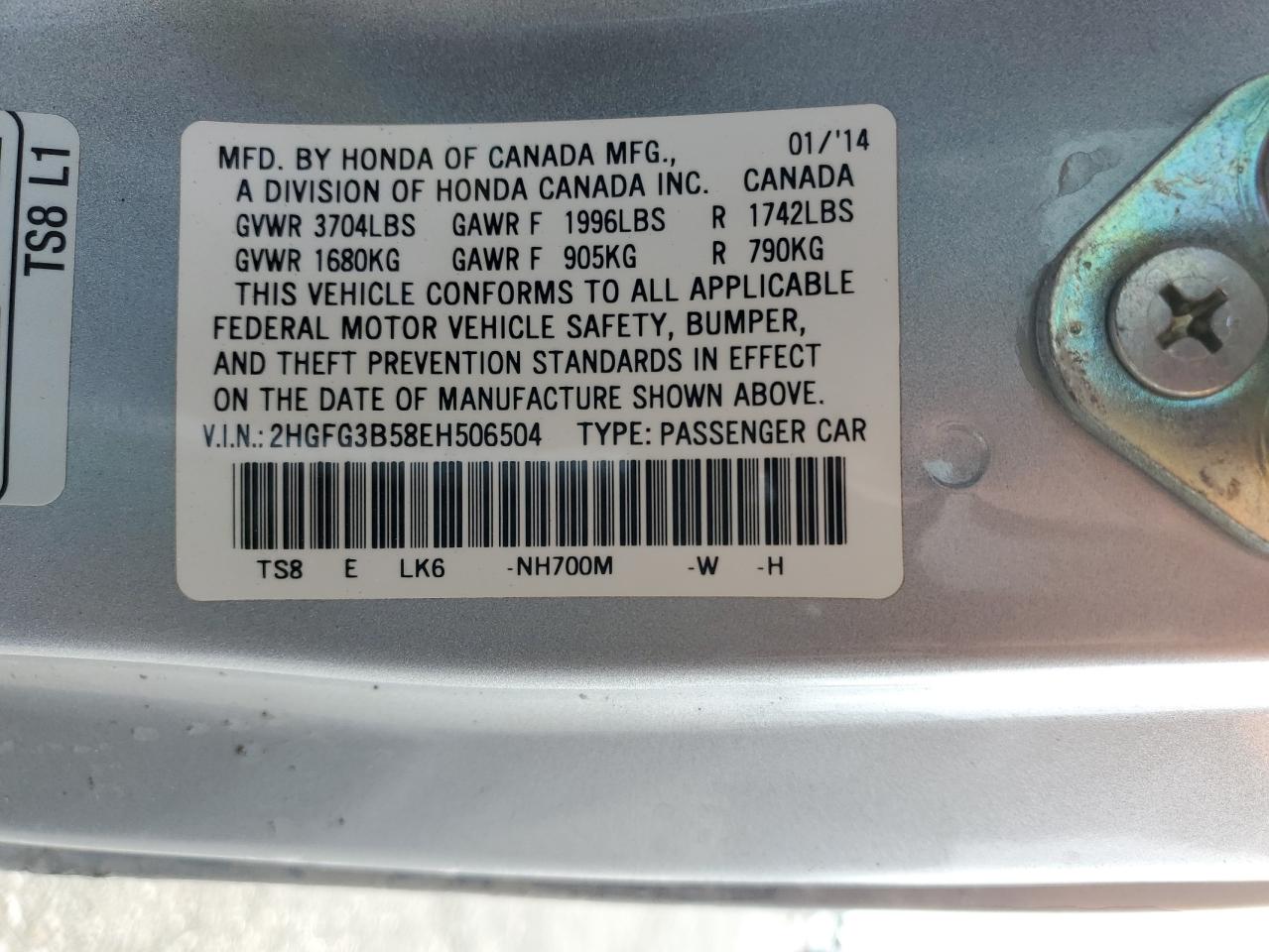 Photo 10 VIN: 2HGFG3B58EH506504 - HONDA CIVIC 