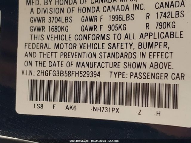 Photo 8 VIN: 2HGFG3B58FH529394 - HONDA CIVIC 