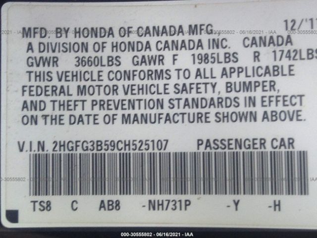 Photo 8 VIN: 2HGFG3B59CH525107 - HONDA CIVIC CPE 