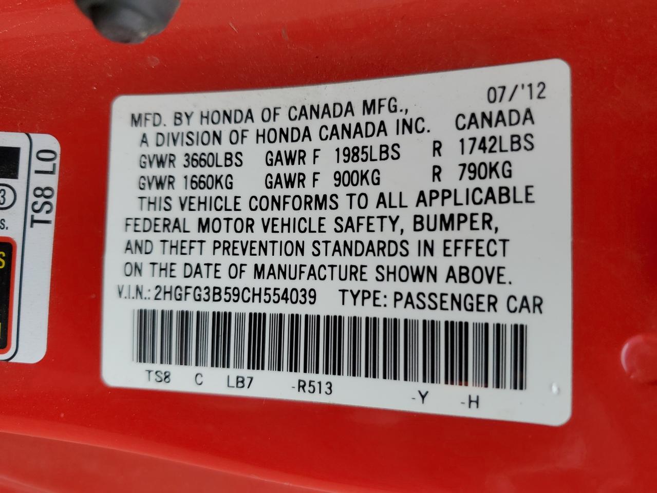 Photo 11 VIN: 2HGFG3B59CH554039 - HONDA CIVIC 