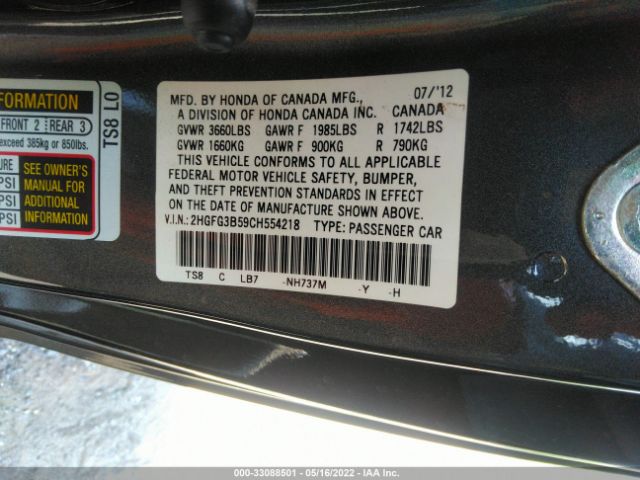 Photo 8 VIN: 2HGFG3B59CH554218 - HONDA CIVIC CPE 