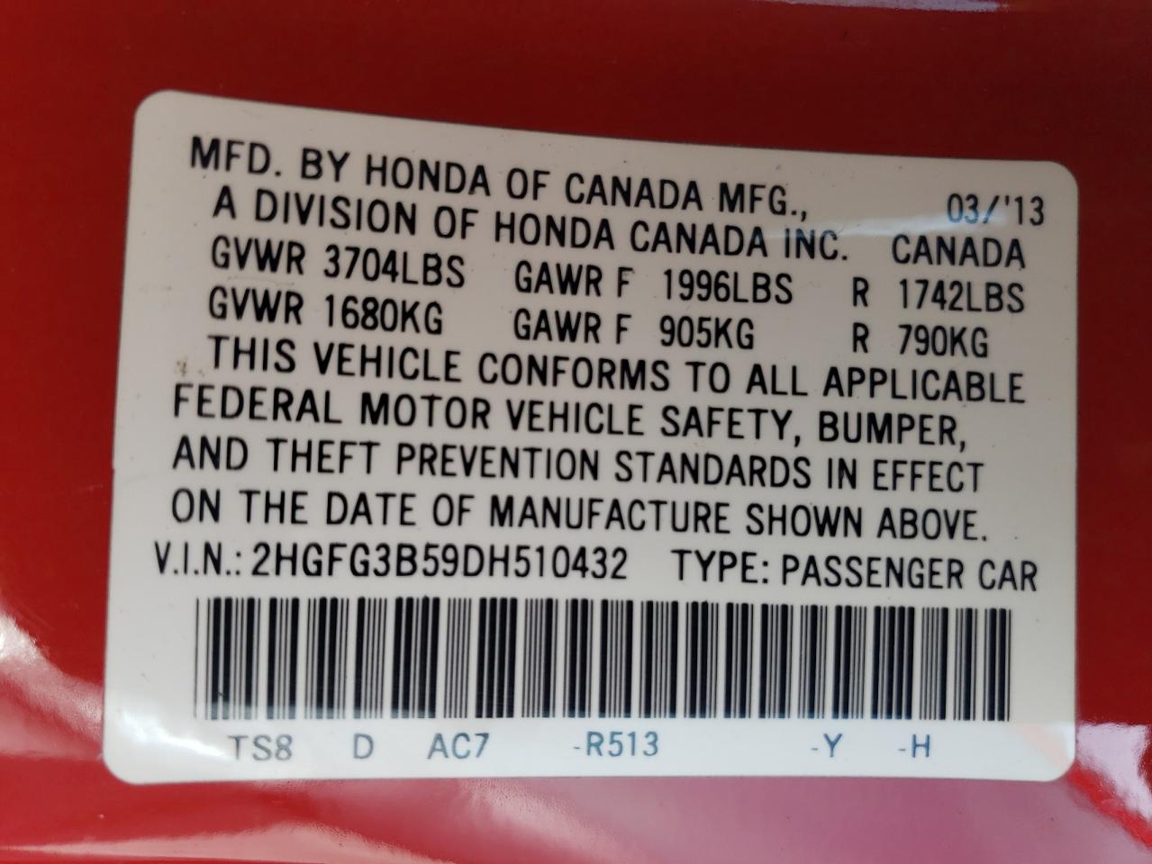 Photo 11 VIN: 2HGFG3B59DH510432 - HONDA CIVIC 