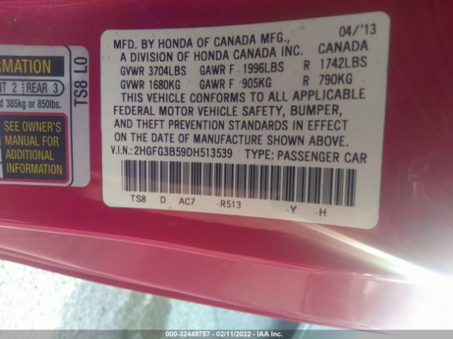 Photo 8 VIN: 2HGFG3B59DH513539 - HONDA CIVIC CPE 