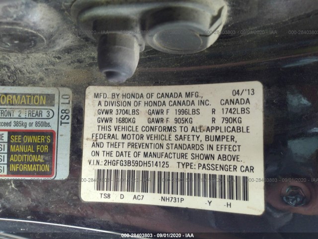 Photo 8 VIN: 2HGFG3B59DH514125 - HONDA CIVIC CPE 