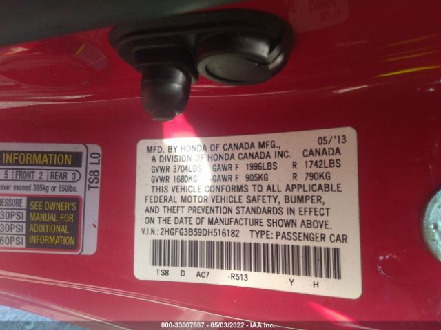 Photo 8 VIN: 2HGFG3B59DH516182 - HONDA CIVIC CPE 