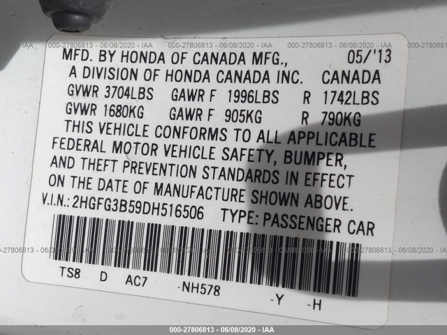 Photo 8 VIN: 2HGFG3B59DH516506 - HONDA CIVIC CPE 