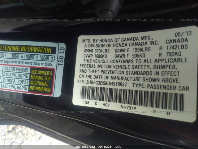 Photo 8 VIN: 2HGFG3B59DH518837 - HONDA CIVIC CPE 