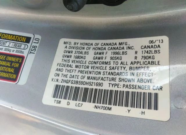 Photo 8 VIN: 2HGFG3B59DH521690 - HONDA CIVIC CPE 