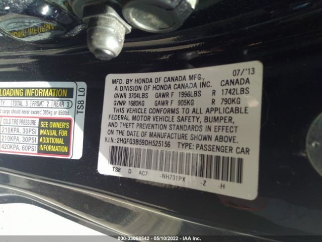 Photo 8 VIN: 2HGFG3B59DH525156 - HONDA CIVIC CPE 