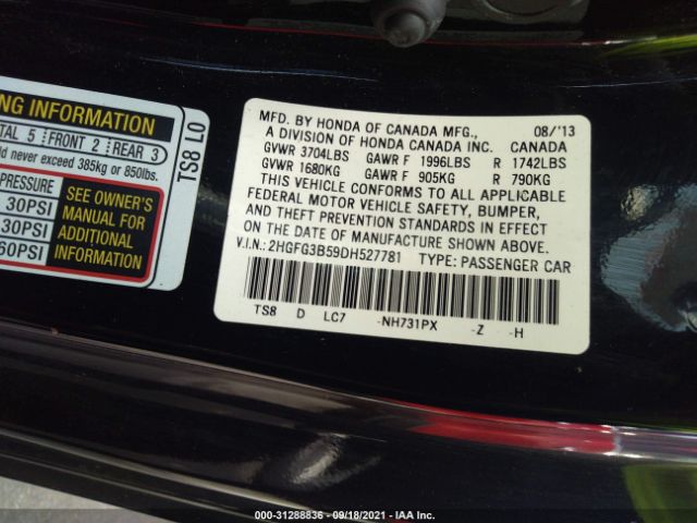 Photo 8 VIN: 2HGFG3B59DH527781 - HONDA CIVIC CPE 