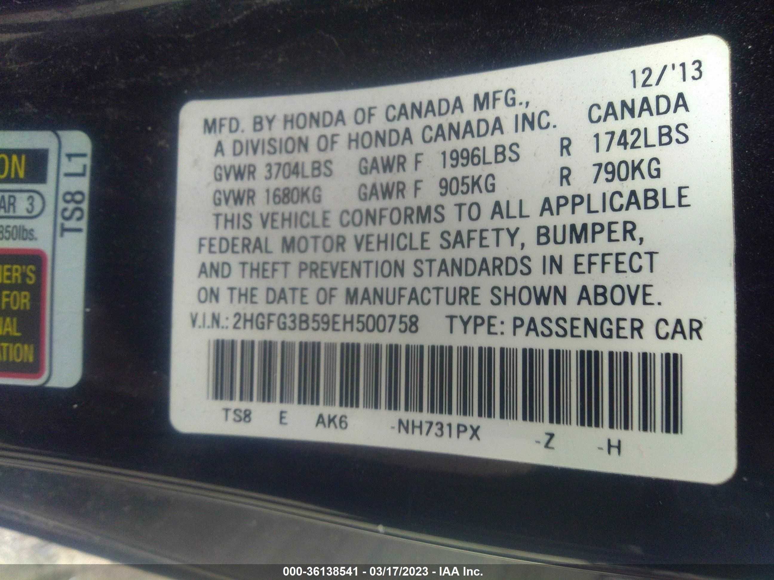 Photo 8 VIN: 2HGFG3B59EH500758 - HONDA CIVIC 