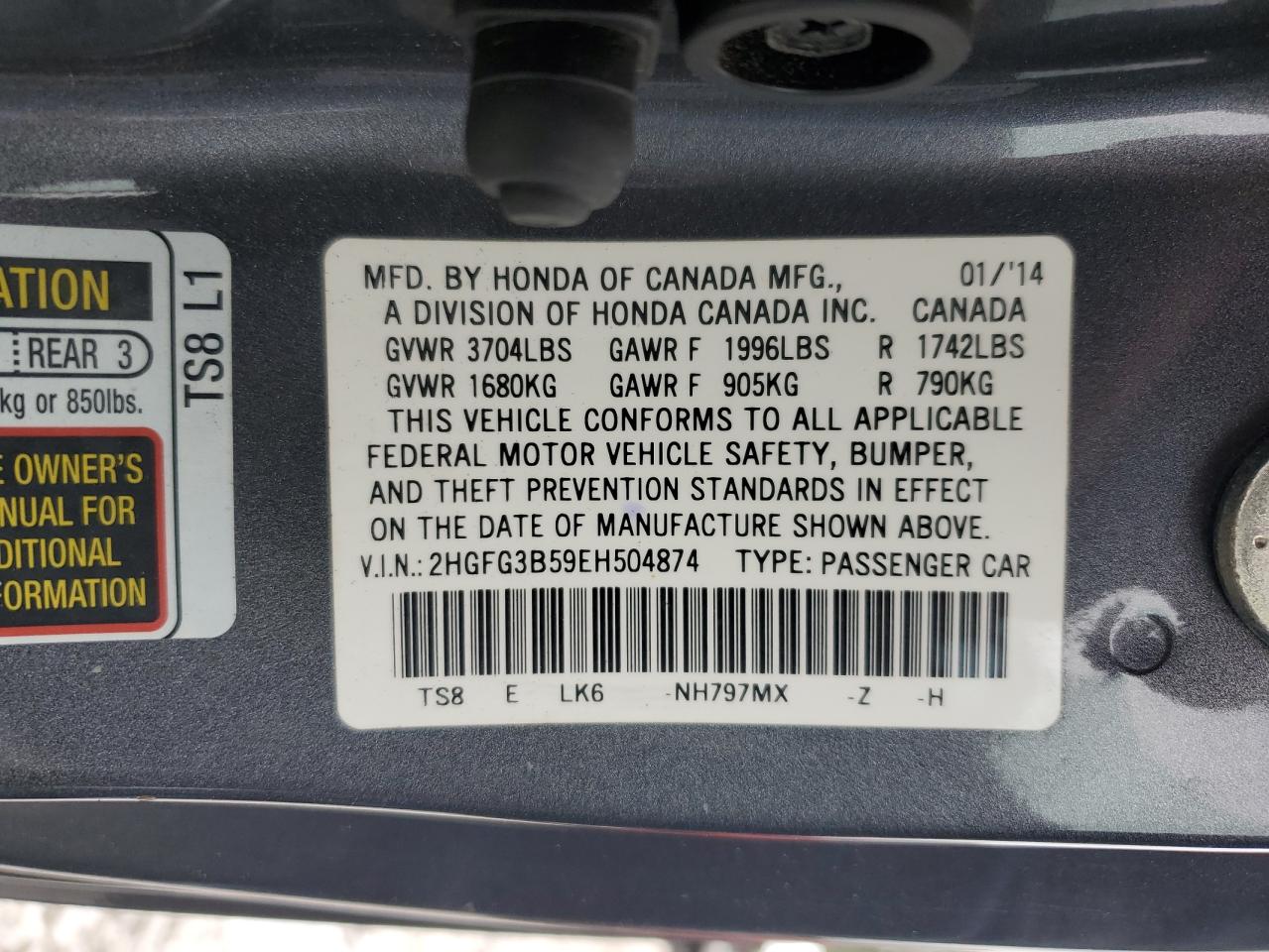 Photo 11 VIN: 2HGFG3B59EH504874 - HONDA CIVIC 