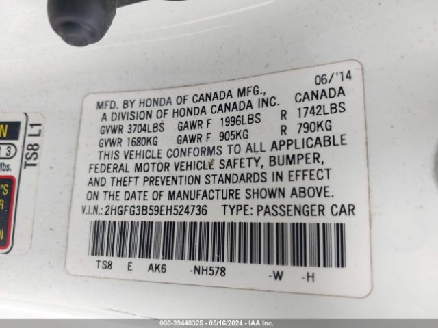 Photo 8 VIN: 2HGFG3B59EH524736 - HONDA CIVIC 