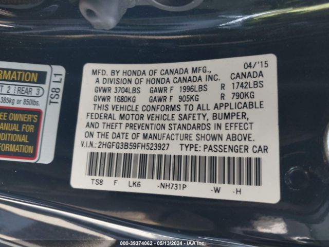 Photo 8 VIN: 2HGFG3B59FH523927 - HONDA CIVIC 