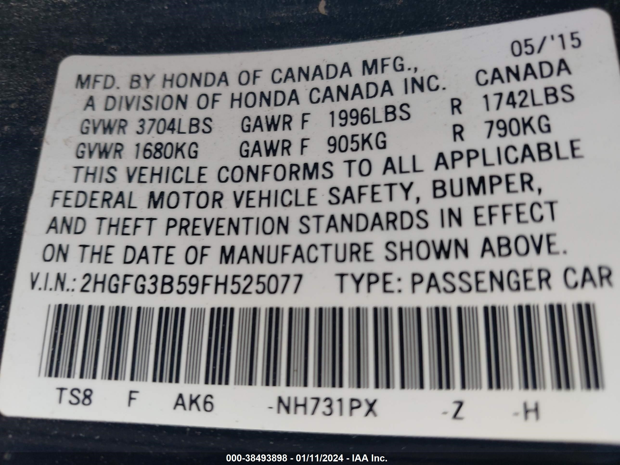 Photo 8 VIN: 2HGFG3B59FH525077 - HONDA CIVIC 