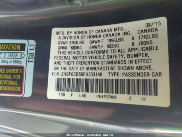 Photo 8 VIN: 2HGFG3B59FH533146 - HONDA CIVIC 