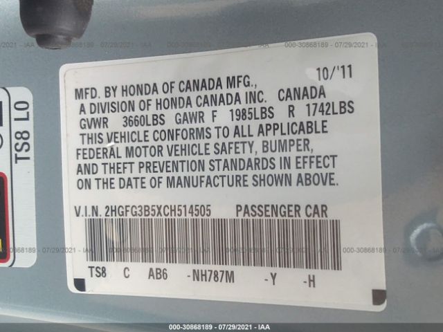 Photo 8 VIN: 2HGFG3B5XCH514505 - HONDA CIVIC CPE 