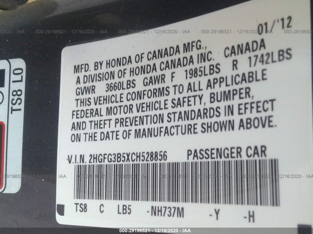 Photo 8 VIN: 2HGFG3B5XCH528856 - HONDA CIVIC CPE 