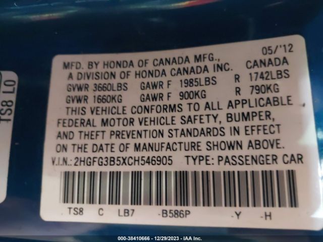 Photo 8 VIN: 2HGFG3B5XCH546905 - HONDA CIVIC 