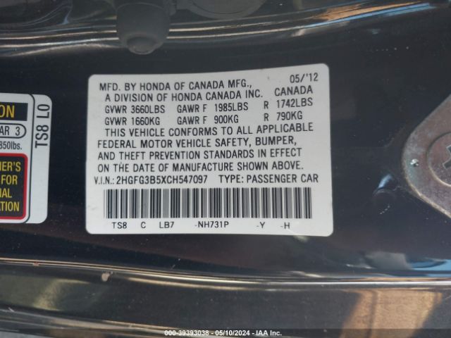 Photo 8 VIN: 2HGFG3B5XCH547097 - HONDA CIVIC 