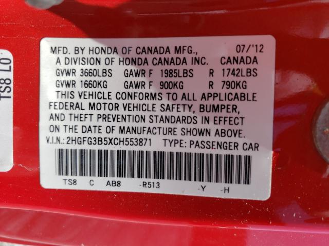 Photo 9 VIN: 2HGFG3B5XCH553871 - HONDA CIVIC LX 