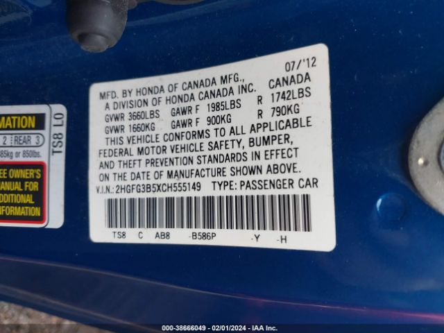 Photo 8 VIN: 2HGFG3B5XCH555149 - HONDA CIVIC 