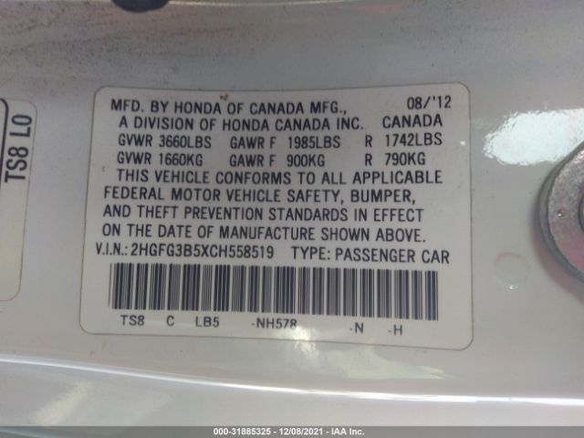 Photo 8 VIN: 2HGFG3B5XCH558519 - HONDA CIVIC CPE 