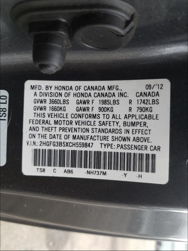 Photo 9 VIN: 2HGFG3B5XCH559847 - HONDA CIVIC LX 