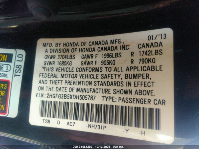 Photo 8 VIN: 2HGFG3B5XDH505787 - HONDA CIVIC CPE 