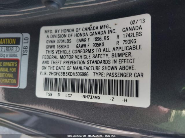 Photo 8 VIN: 2HGFG3B5XDH506986 - HONDA CIVIC 