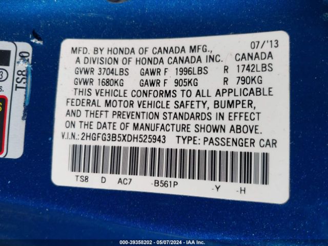 Photo 8 VIN: 2HGFG3B5XDH525943 - HONDA CIVIC 