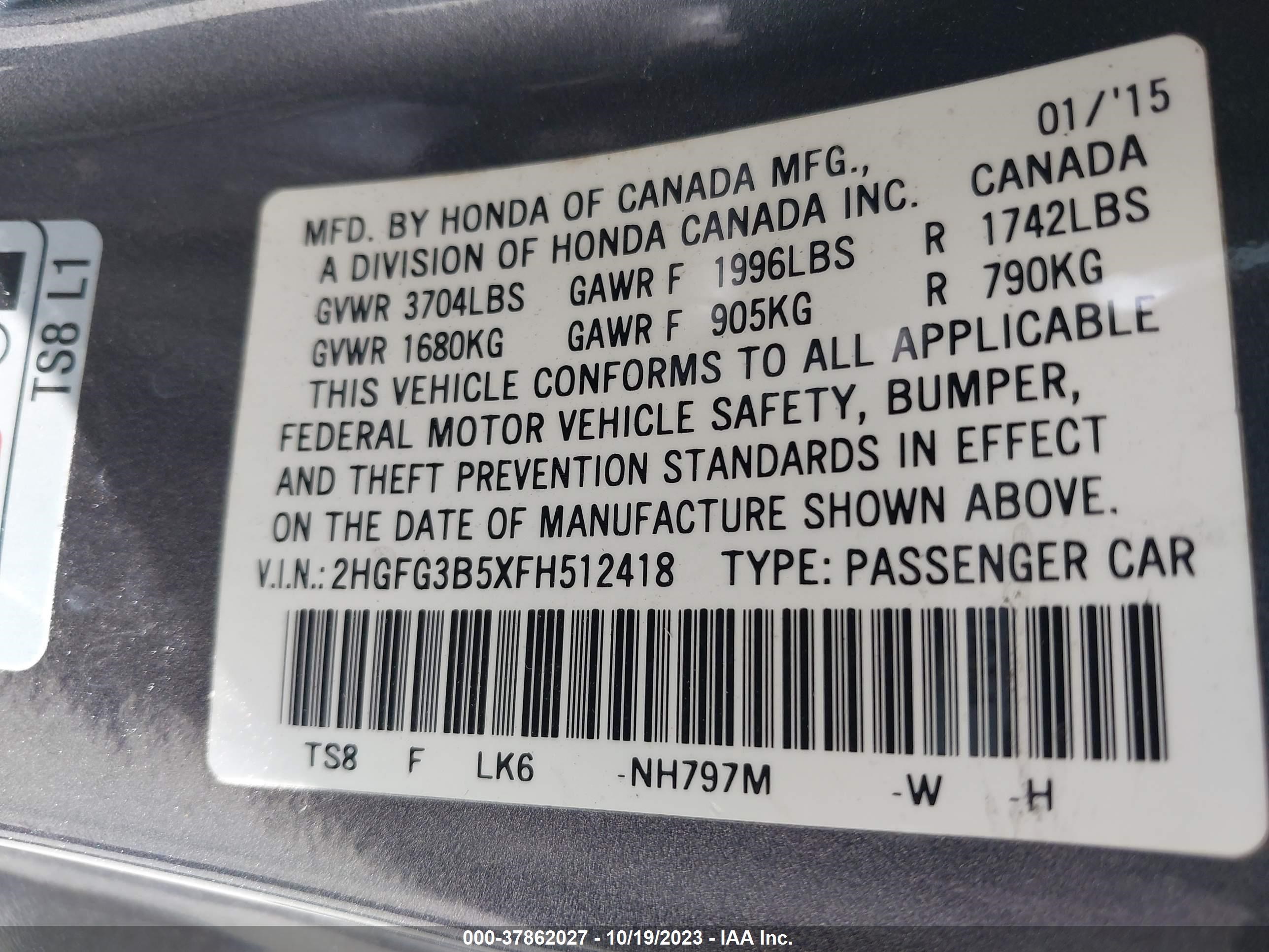 Photo 8 VIN: 2HGFG3B5XFH512418 - HONDA CIVIC 