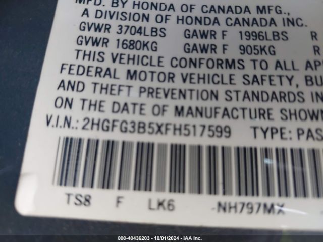 Photo 8 VIN: 2HGFG3B5XFH517599 - HONDA CIVIC 