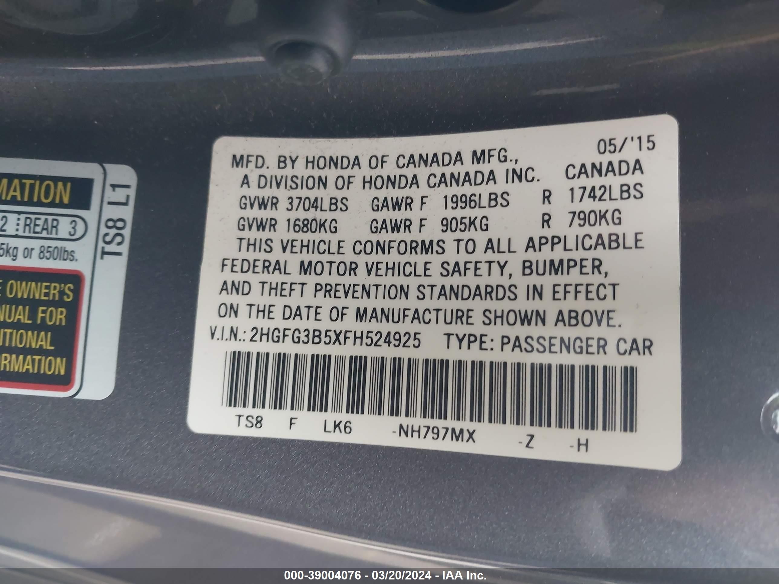 Photo 8 VIN: 2HGFG3B5XFH524925 - HONDA CIVIC 