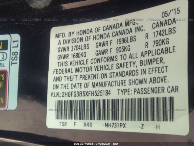 Photo 8 VIN: 2HGFG3B5XFH525184 - HONDA CIVIC COUPE 