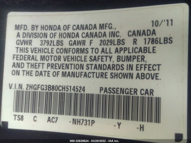 Photo 8 VIN: 2HGFG3B80CH514524 - HONDA CIVIC CPE 