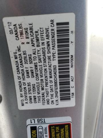 Photo 11 VIN: 2HGFG3B80CH540363 - HONDA CIVIC EX 