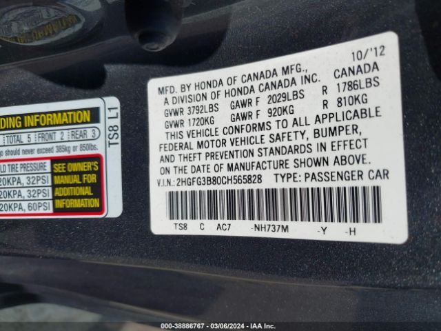 Photo 8 VIN: 2HGFG3B80CH565828 - HONDA CIVIC 