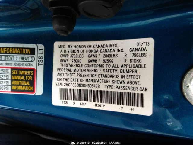 Photo 8 VIN: 2HGFG3B80DH505498 - HONDA CIVIC CPE 