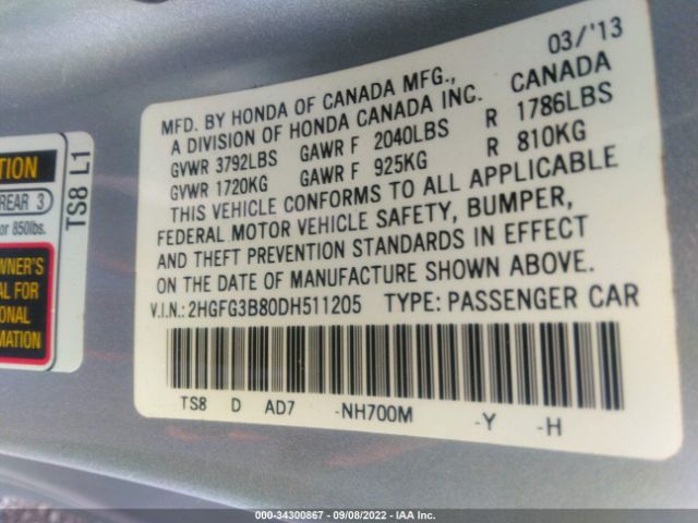 Photo 8 VIN: 2HGFG3B80DH511205 - HONDA CIVIC CPE 