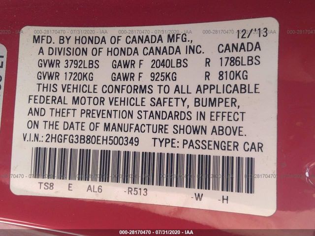 Photo 8 VIN: 2HGFG3B80EH500349 - HONDA CIVIC COUPE 