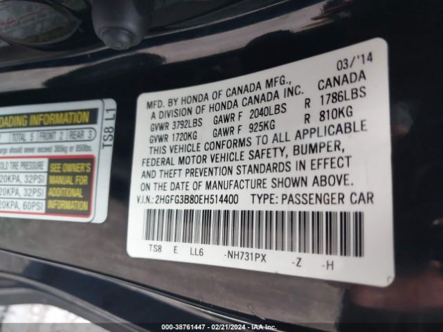 Photo 8 VIN: 2HGFG3B80EH514400 - HONDA CIVIC 