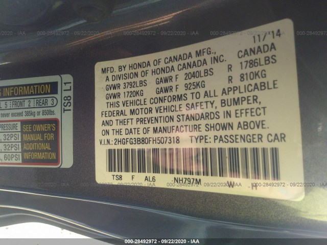 Photo 8 VIN: 2HGFG3B80FH507318 - HONDA CIVIC COUPE 