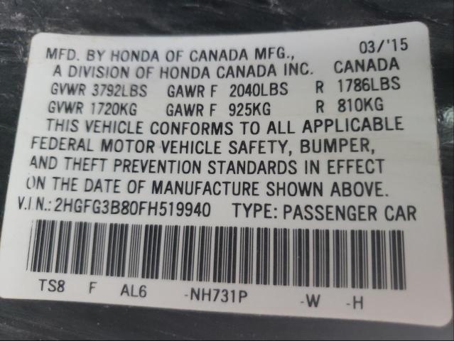 Photo 9 VIN: 2HGFG3B80FH519940 - HONDA CIVIC EX 