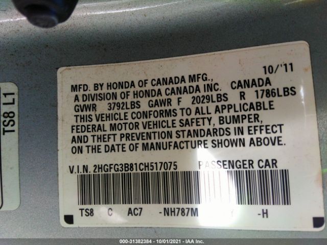 Photo 8 VIN: 2HGFG3B81CH517075 - HONDA CIVIC CPE 