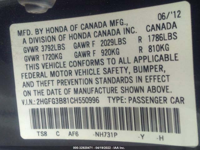 Photo 8 VIN: 2HGFG3B81CH550996 - HONDA CIVIC CPE 