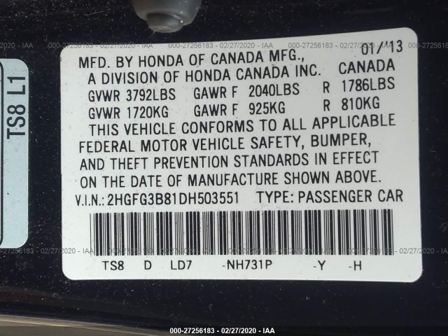 Photo 8 VIN: 2HGFG3B81DH503551 - HONDA CIVIC CPE 