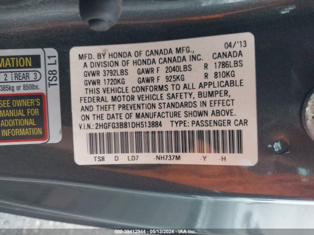 Photo 8 VIN: 2HGFG3B81DH513884 - HONDA CIVIC 