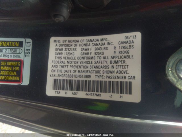 Photo 8 VIN: 2HGFG3B81DH515909 - HONDA CIVIC CPE 