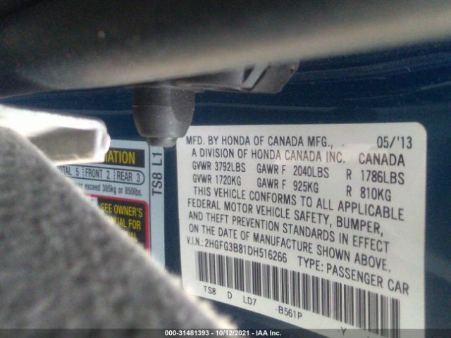 Photo 8 VIN: 2HGFG3B81DH516266 - HONDA CIVIC CPE 